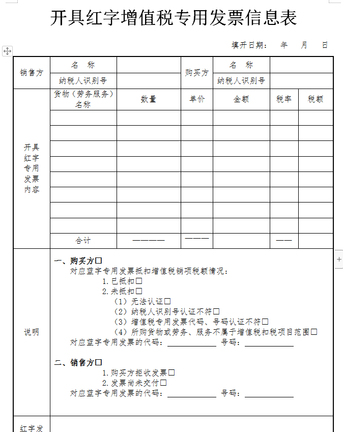 紅字增值稅發(fā)票信息表